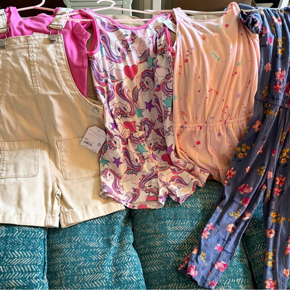 Kids overall jumpers and rompers 5T. 2 new with tags
